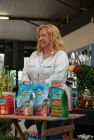 Charlie Dimmock talking to the crowds during a gardening Q&A at Woodcote Green Garden Centre.